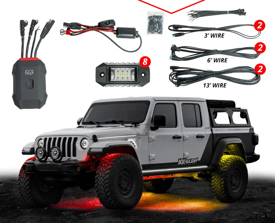 MX-ROCK-ADV – XK GLOW Underbody Light Kit, LED Red/ Green/ Blue/ White With 8 Piece Rock Lights/ 2 Channel Controller...